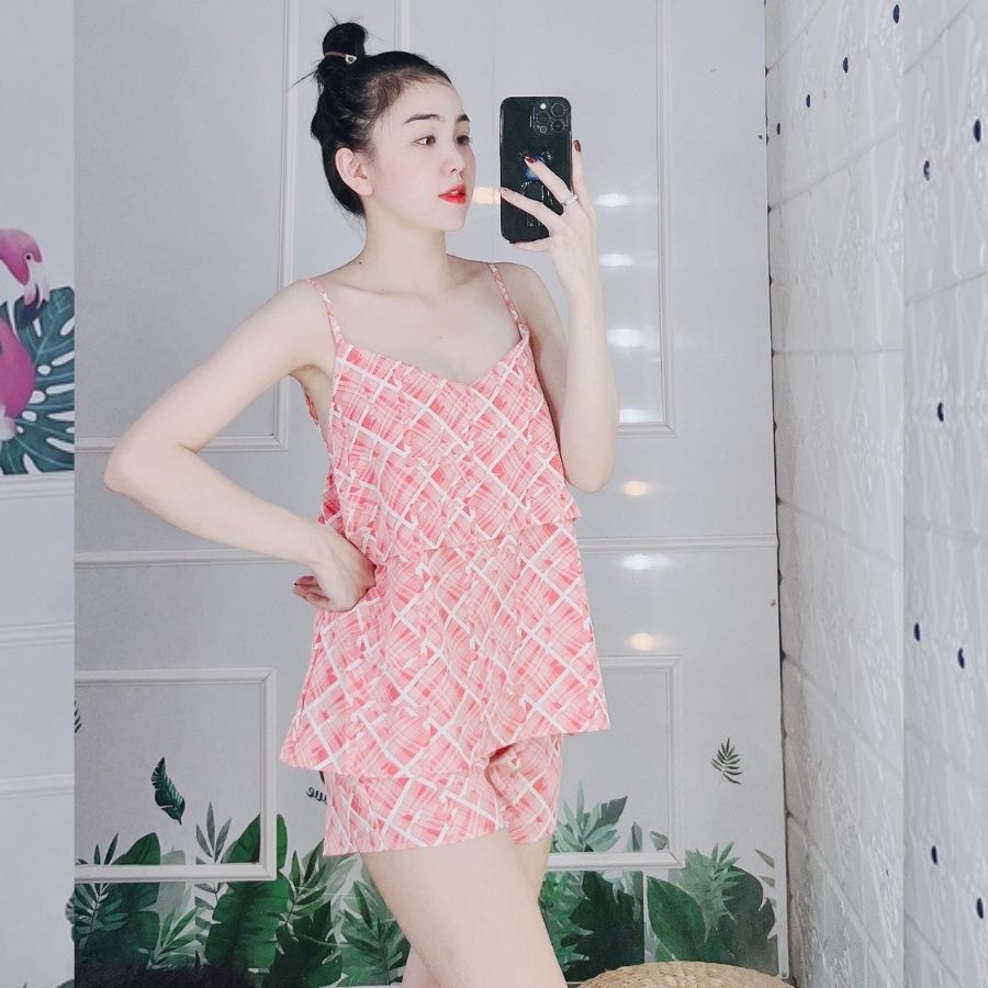 Đồ bộ pijama nữ 2 dây tay bèo pyjama lụa 100D bộ ngủ mặc nhà sexy quần đùi cute dễ thương cao cấp  ESHOP PM04
