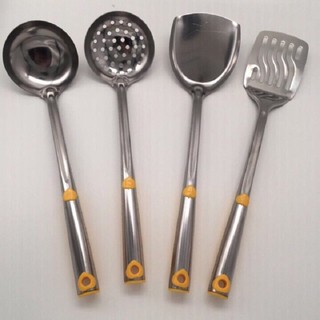 Bộ Muôi Inox Cao Cấp Cán Nhựa Vàng ( Muôi Thủng - Muôi Canh - Xẻng Xào)
