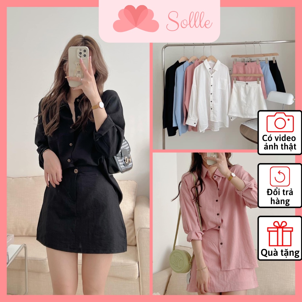 Fula Set - Áo sơ mi lưới tay phồng & Chân váy ngắn Kate cạp cao chữ A