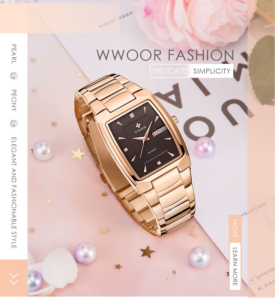 Mô tả Đồng Hồ Đeo Tay WWOOR Mặt Vuông Màu Vàng Đồng Thời Trang 2022 Dành Cho Nữ Relogio Feminino-8837 - 3