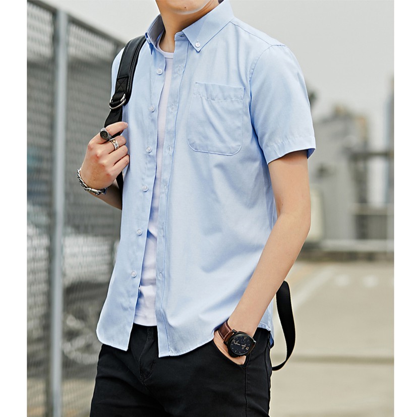 Áo Sơ Mi Tay Ngắn Thời Trang Hàng Sẵn Có Nam Hàn Quốc Thường Ngày Màu Xám Trắng Công Sở Áo Sơ Mi Kurta M-4XL Áo Sơ Mi Trơn