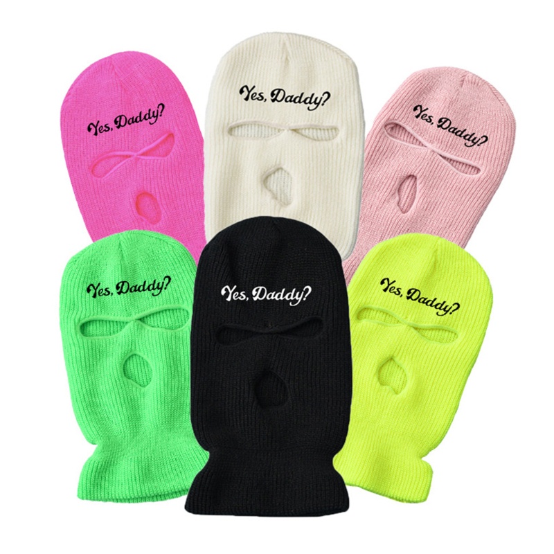 Mũ Len Beanie Mặt Nạ Thêu Chữ yes daddy 3 Lỗ