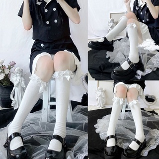 Đôi vớ dài đến đầu gối phối ren nhún bèo đính nơ màu sắc ngọt ngào phong cách lolita dễ thương cho nữ