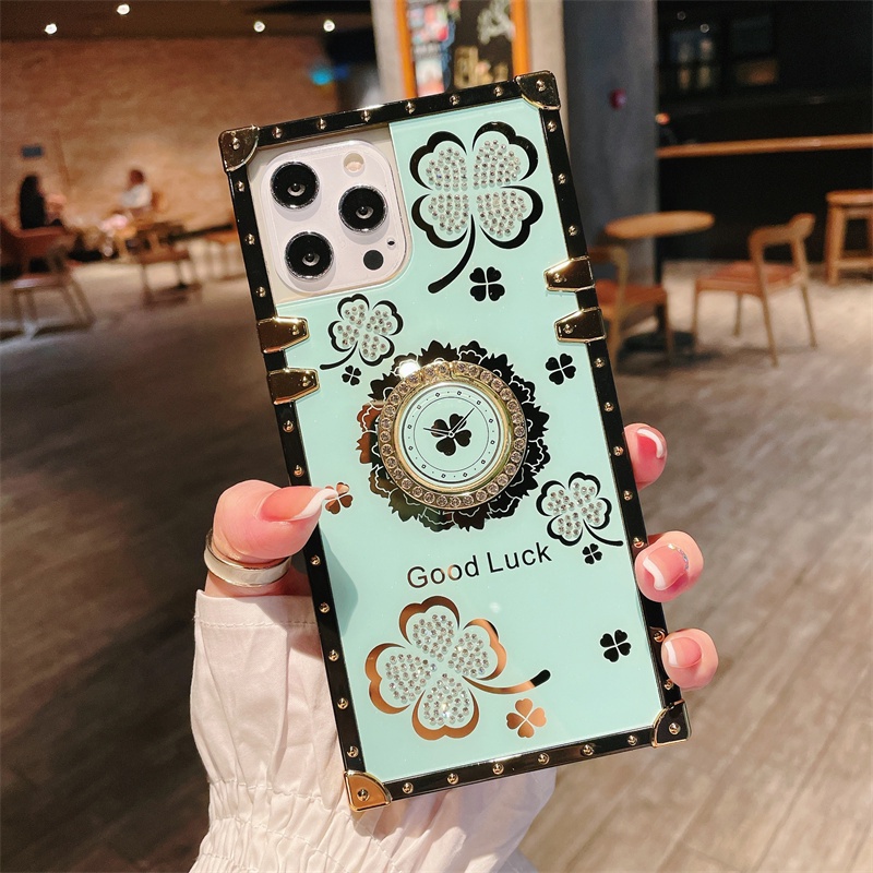 OPPO F11 A9 A9X F11PRO R17 F17 F19 PRO A5 A3S A7 A5S A12 A11K A8 A31 F9 F9PRO A7X FIND X3 PRO Thời Trang Sang Trọng Họa Tiết Cỏ Ba Lá Nhẫn Giá Đỡ Điện Thoại Vuông