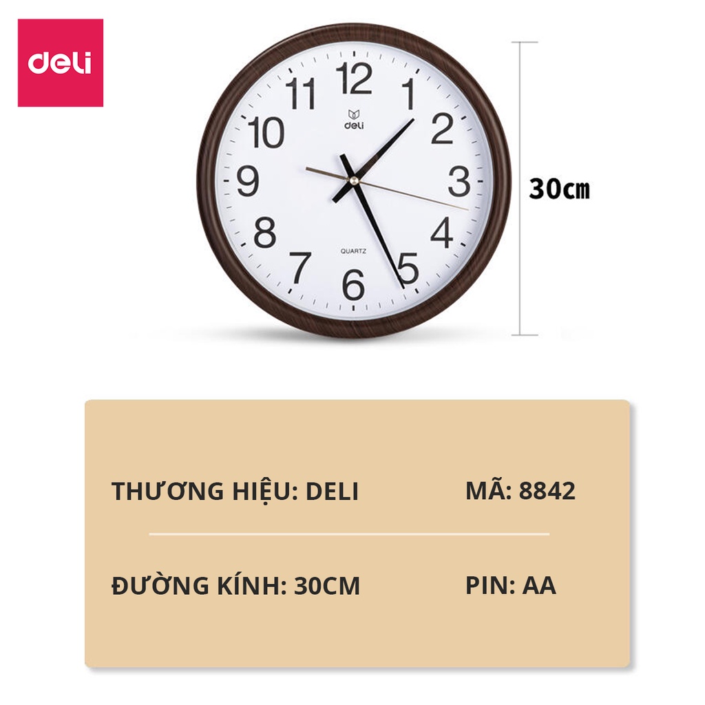 Đồng Hồ Treo Tường Vân Gỗ Cao Cấp Deli Kèm móc treo, Kim trôi Không Ồn 8842