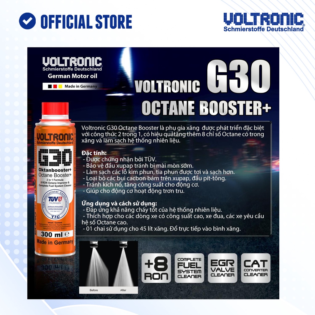 Ảnh Phụ gia vệ sinh hệ thống xăng và tăng octane nhập khẩu đức VOLTRONIC g30 octane booster+ 2