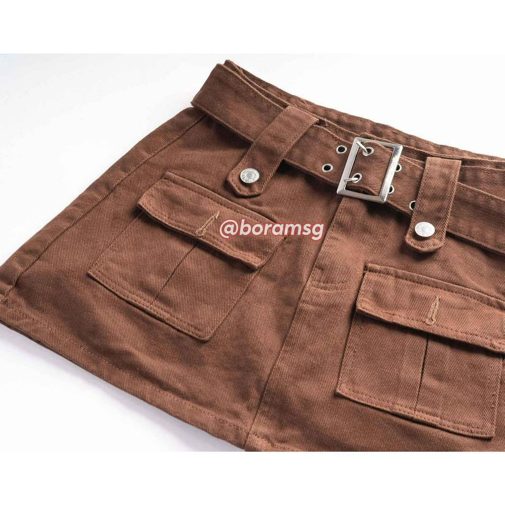 Chân váy túi hộp, chân váy chữ a ngắn kaki jean thắt lưng bản to và khuy cách điệu BORAM SG (có quần trong)