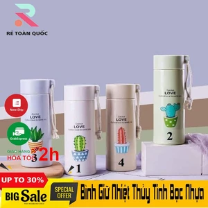 Bình Giữ Nhiệt Thủy Tinh Bọc Nhựa Lúa Mạch 450ml Họa Tiết Xương Rồng, Chống Va Đập,