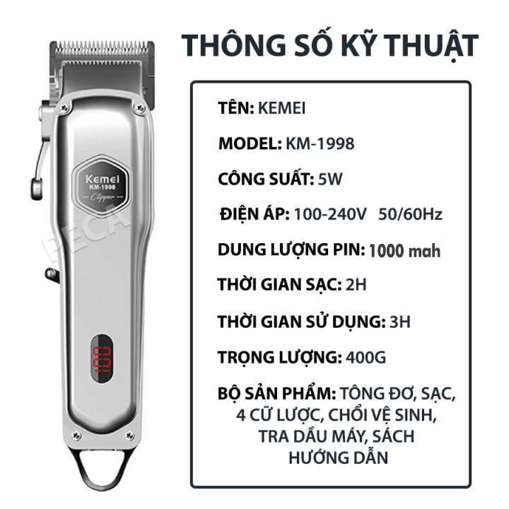 Ảnh Tông đơ cắt tóc không dây Kemei KM-1997/ 1998 chuyên nghiệp với toàn thân là hợp kim nhôm cao cấp pin lithium 2000mAh 2