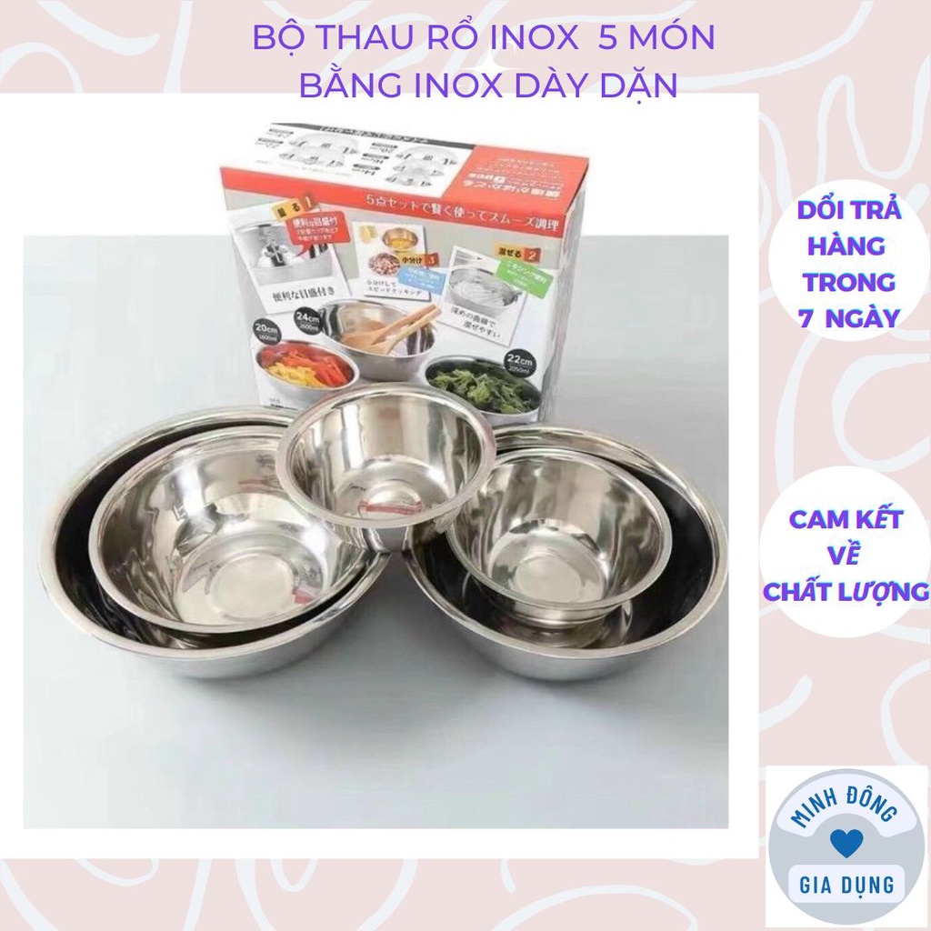 Bộ Thau Rổ Inox Nhà Bếp 5 Món Bằng Inox Đủ Size Từ 18 - 26Cm Tiện Dụng ...