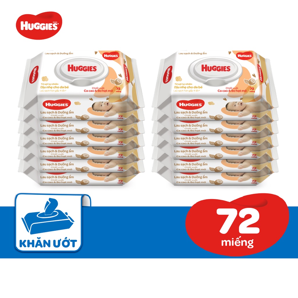 Ảnh Thùng 12 gói Khăn ướt Huggies chiết xuất Cao cao và Bơ hạt mỡ (72 miếng/gói) 2