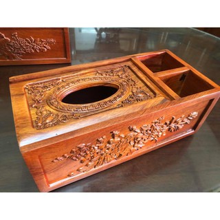 Hộp đa năng đựng bút, điều khiển,  giấy ăn bằng gỗ hương in hoa văn
