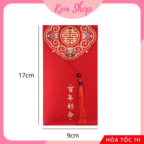 Set 5 bao lì xì đỏ may mắn kèm tua rua giấy nhũ cao cấp, lì xì ăn hỏi - Kem Shop K298