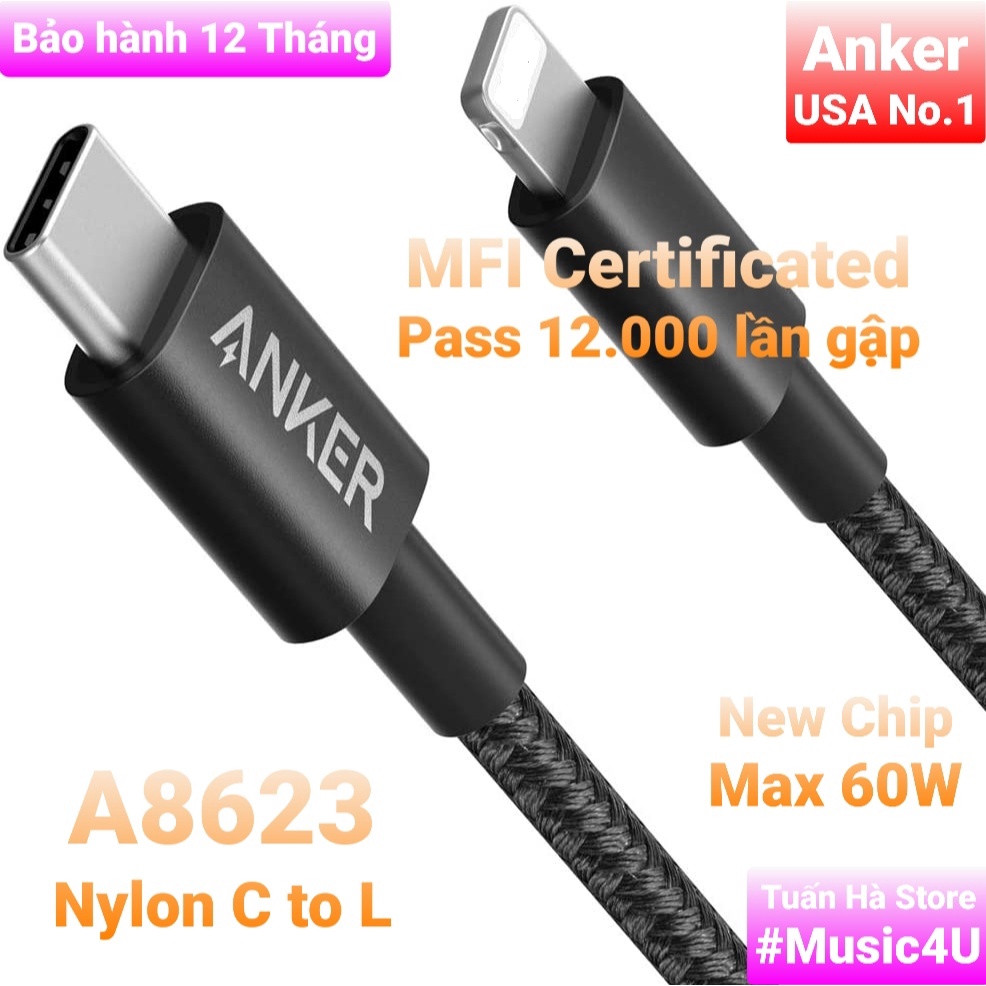 Dây cáp sạc nhanh USB type C ra L Anker PowerLine bọc dù A8617 A8618 ...
