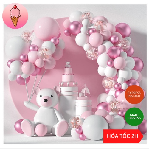 Set trang trí tiệc tông hồng ngọt ngào dễ thương (đầy đủ bóng và phụ kiện) trang trí sinh nhật - Kemshop K135