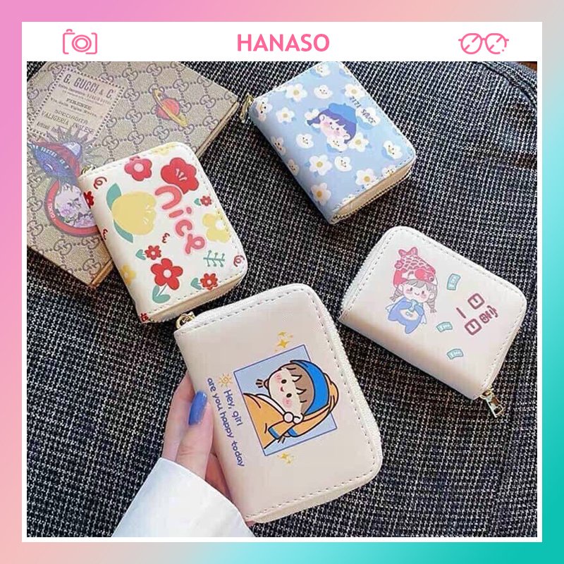 Ví bóp nữ ngắn mini cầm tay đẹp màu be phong cách Hàn Quốc họa tiết hoạt hình dễ thương nhỏ gọn thời trang HANASO VN001