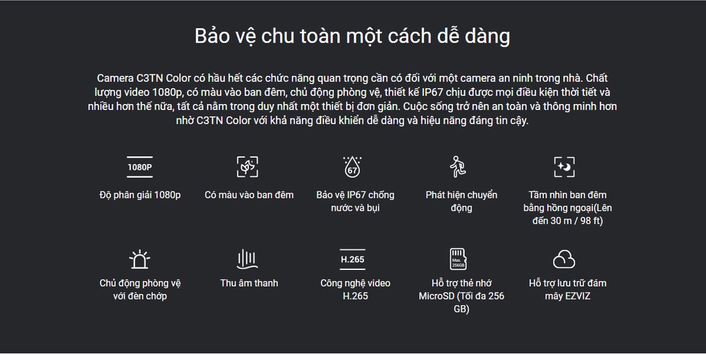 Mô tả Camera ip wifi ngoài trời EZVIZ c3tn 2m color h3c WiFi 2MP 1080P có mic và màu ban đêm - 3