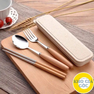 Bộ Muỗng Đũa Inox Cán Gỗ Hộp Đựng Lúa Mạch Sang Trọng