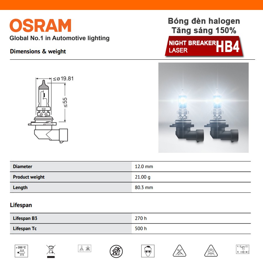 Combo 2 Bóng Đèn Halogen Tăng Sáng 150% OSRAM Night Breaker Laser HB4 12V 51W