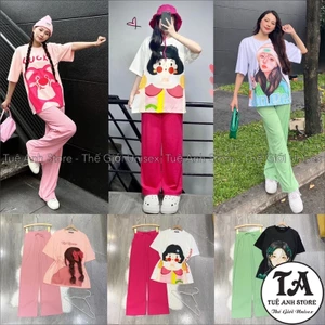 Set Bộ Quần Dài Ống Suông Gân Tăm Cao Cấp -Set Dài Nữ Lưng Cao Ống Rộng Phối Áo Thun 3D Phong Cách Hàn Quốc