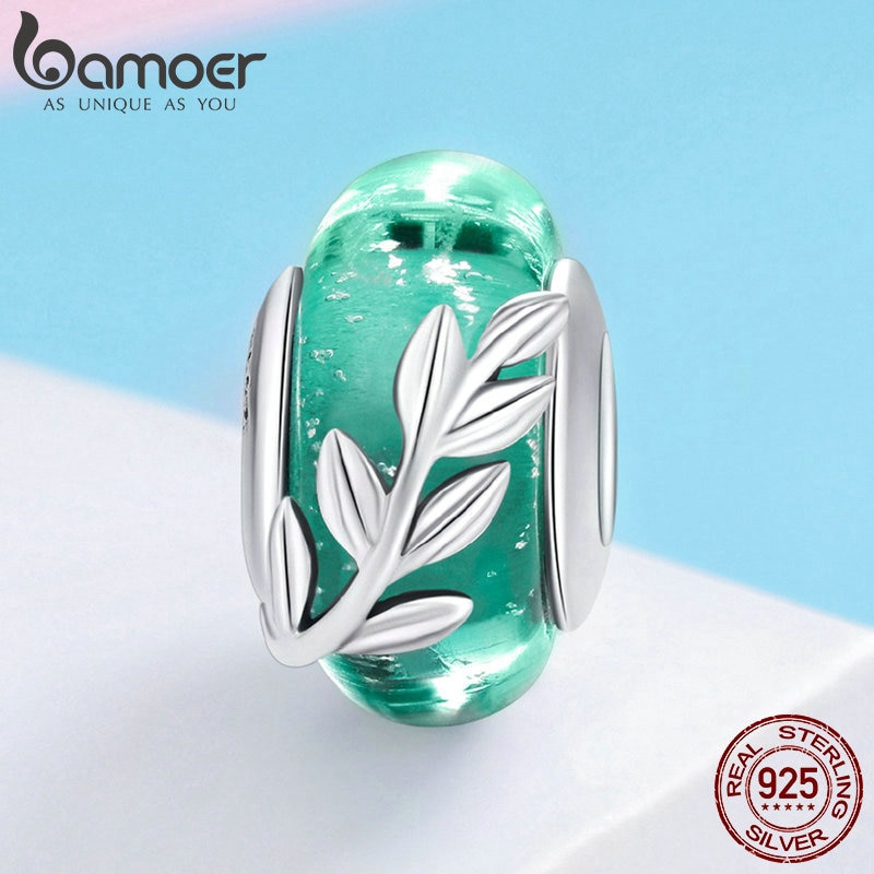 Hạt phụ kiện Bamoer Scc863 bạc 925 chạm khắc hình chiếc lá trang trí vòng tay thời trang