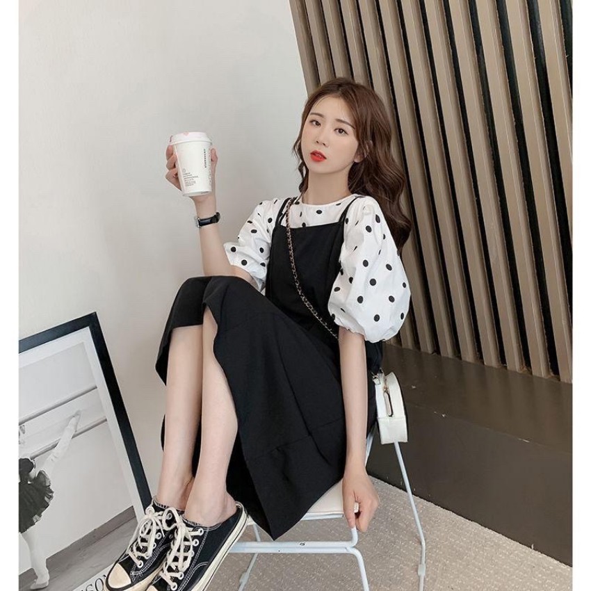 (XẢ LỖ )Đầm bầu-váy bầu chất cát hàn siêu mát không nhăn vai chấm bi cách điệu Q0003