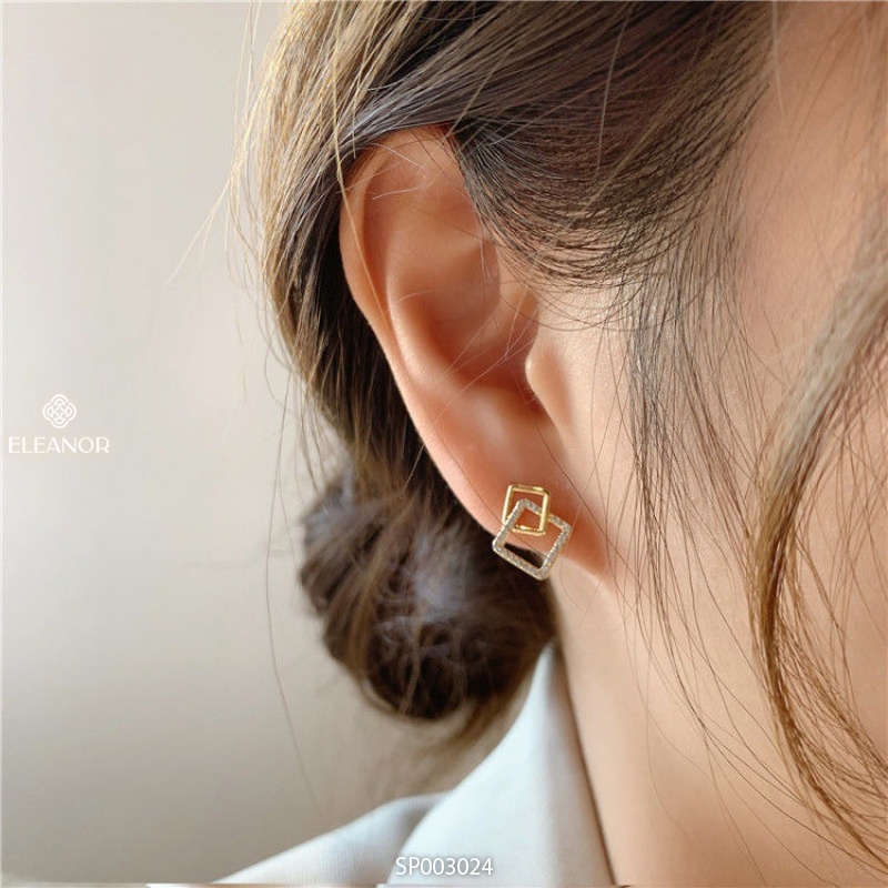 Bông tai nữ chuôi bạc 925 Eleanor Accessories hình vuông đính đá phụ kiện trang sức khuyên tai 3024