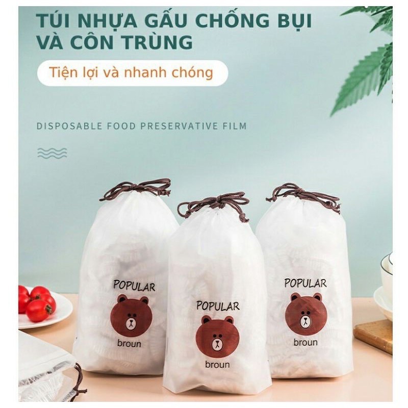 Combo 100 Túi màng bọc thực phẩm chất liệu PE co dãn có chun siêu dai, Túi gấu bọc đồ ăn