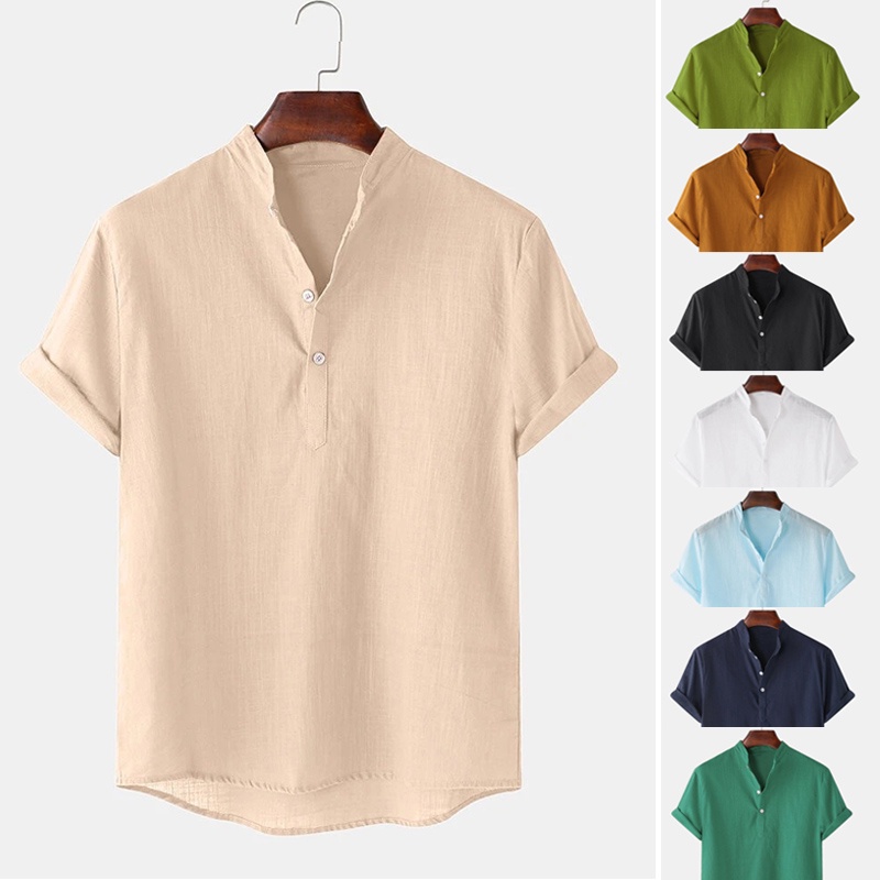 BEFOYI Mens Shirt Cotton Short Sleeve Solid Color Stand Collar Top MJ5122