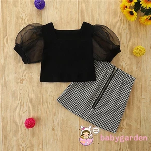 Babygarden-1-6 tuổi Bộ trang phục mùa hè cho bé gái Áo cổ vuông tay phồng ngắn màu đen + Váy chữ A Houndstooth