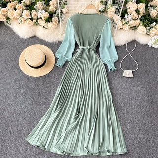 Đầm maxi Vải Voan Dáng Ôm Tay Phồng Xếp Ly Phối Thắt Lưng Kiểu Hàn Quốc Thời Trang Dự Tiệc Cho Bạn Gái