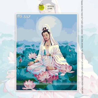 Tranh tô màu 40x50cm có khung Quan Thế Âm Bồ Tát bên hoa sen T557