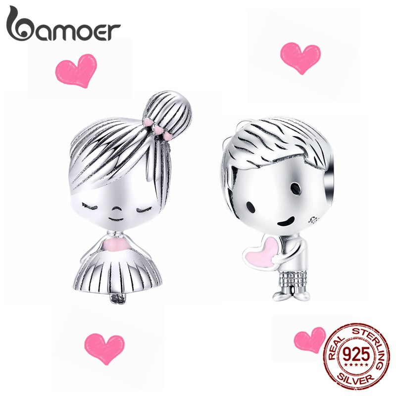Hạt phụ kiện Bamoer bằng bạc 925 thiết kế hình bé gái/bé trai dùng làm trang sức tiện dụng