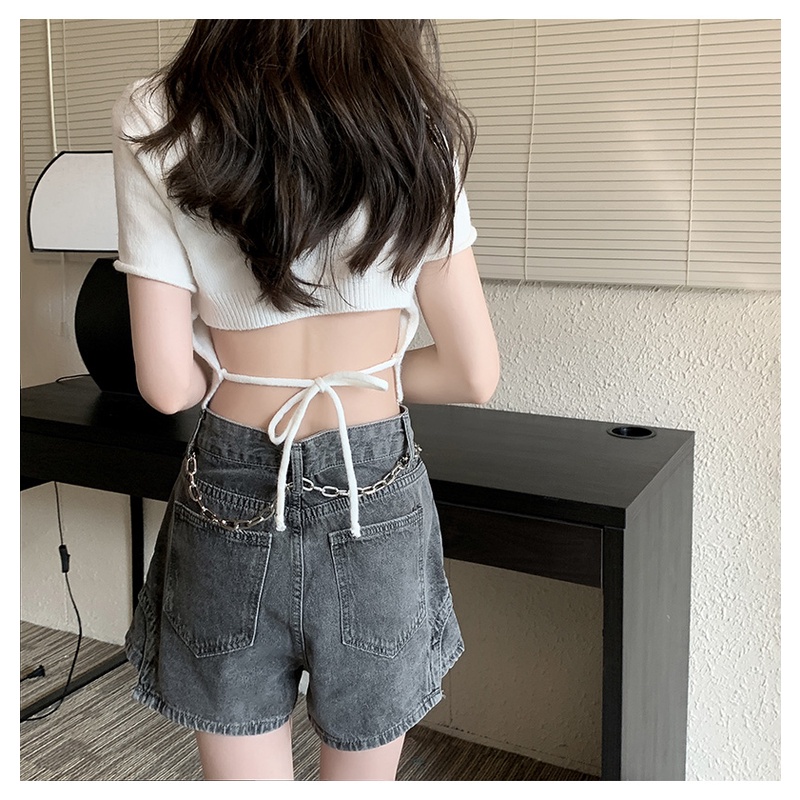 Áo croptop dệt kim SUXI tay ngắn lưng cao cột dây phong cách Hàn Quốc quyến rũ