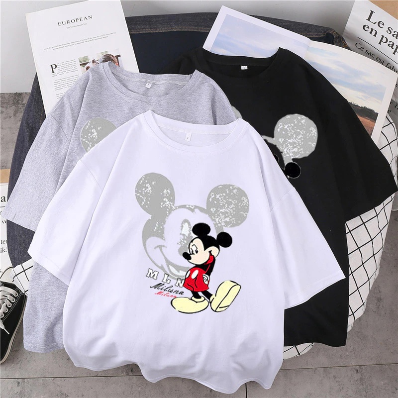 Áo Thun Nữ Tay Lỡ HappyFamily Họa Tiết Mickey Mouse Chất Cotton 100 Cao Cấp-2 Màu Trắng/Đen