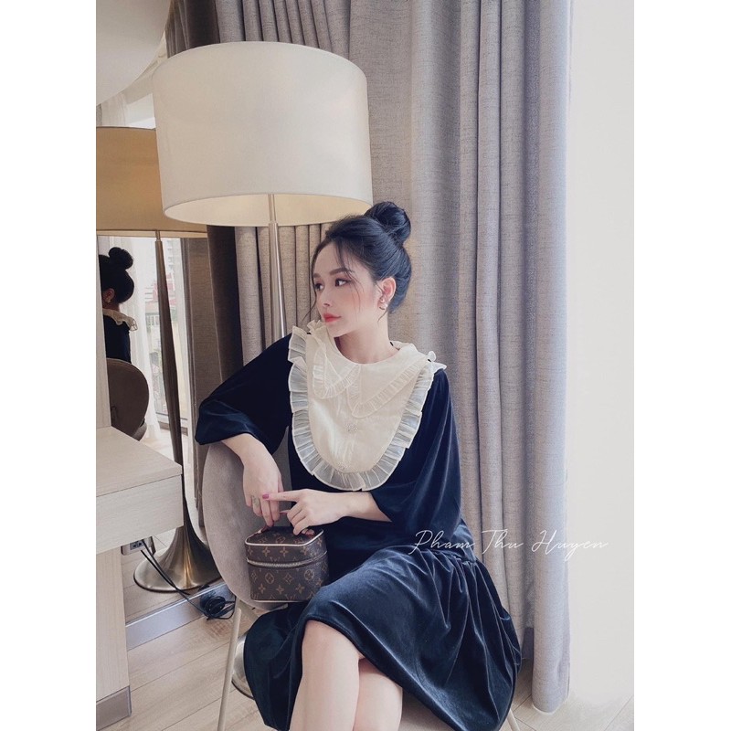 Váy nhung phối cổ von trắng