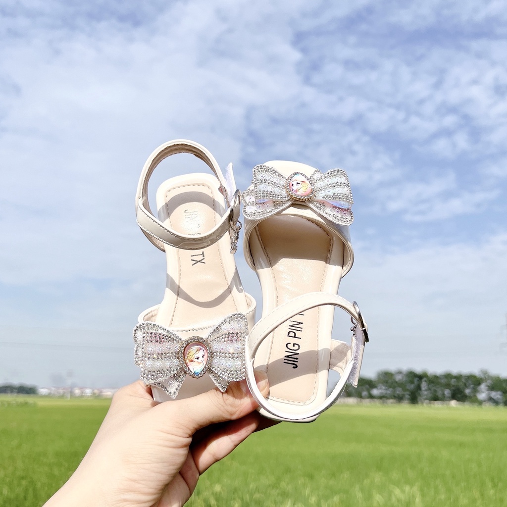 sandal bé gái dép quai hậu có gót nơ đá hình công chúa đáng yêu đế dẻo êm chân đi học mùa hè xuân 8102 ( có ảnh thật