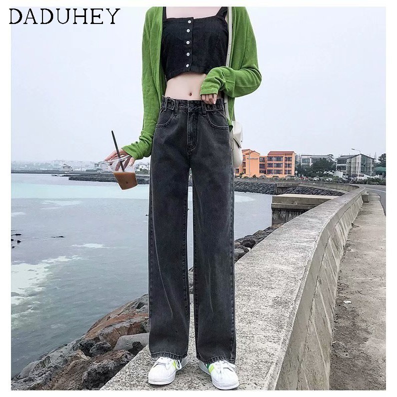 Ảnh Quần jeans dài daduhey vải denim ống rộng lưng cao có thể điều chỉnh được thời trang dành cho nữ (có thắt lưng) 3