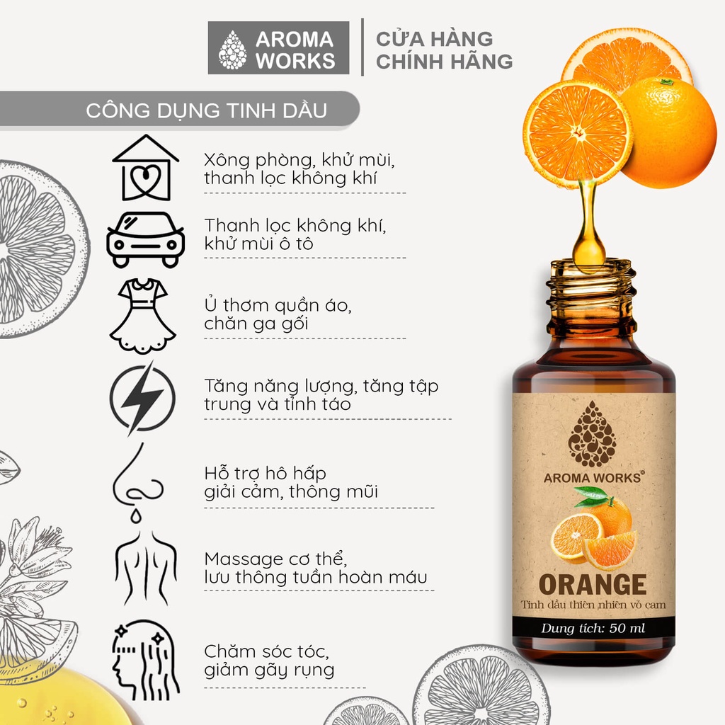 Ảnh Tinh Dầu Cam Ngọt Thiên Nhiên Thơm Phòng, Đuổi Muỗi, Giải Cảm Aroma Works Orange 1