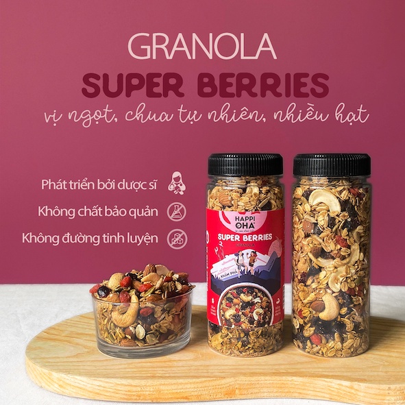 Ngũ Cốc Ăn Sáng/Ăn Kiêng Không Đường Tinh Luyện Vị 8 Loại Hạt Trái 40g-720g Granola Super Berries HAPPI OHA