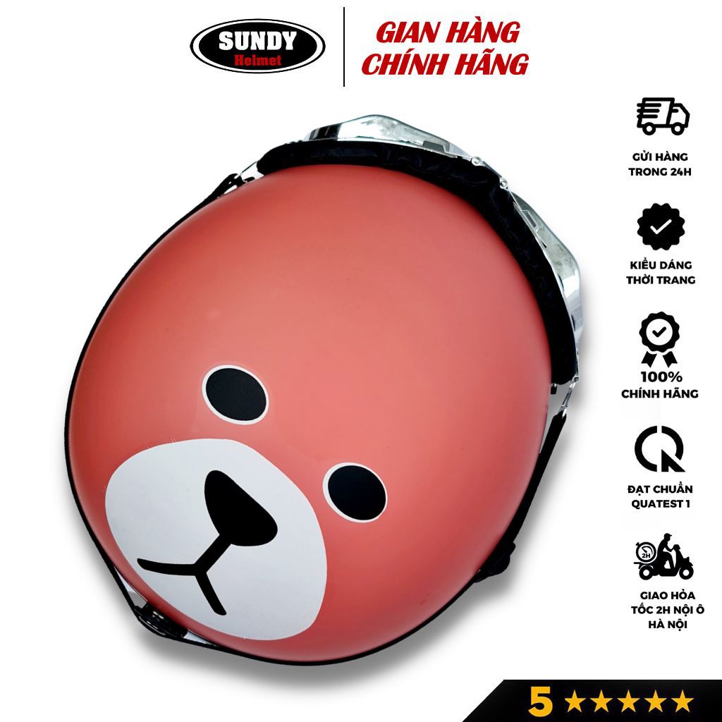 Ảnh Mũ bảo hiểm nửa đầu chính hãng SUNDY tem hình Gấu Nâu đáng yêu, nón 1/2 freesize nam nữ, kèm kính UV, kính phi công 3