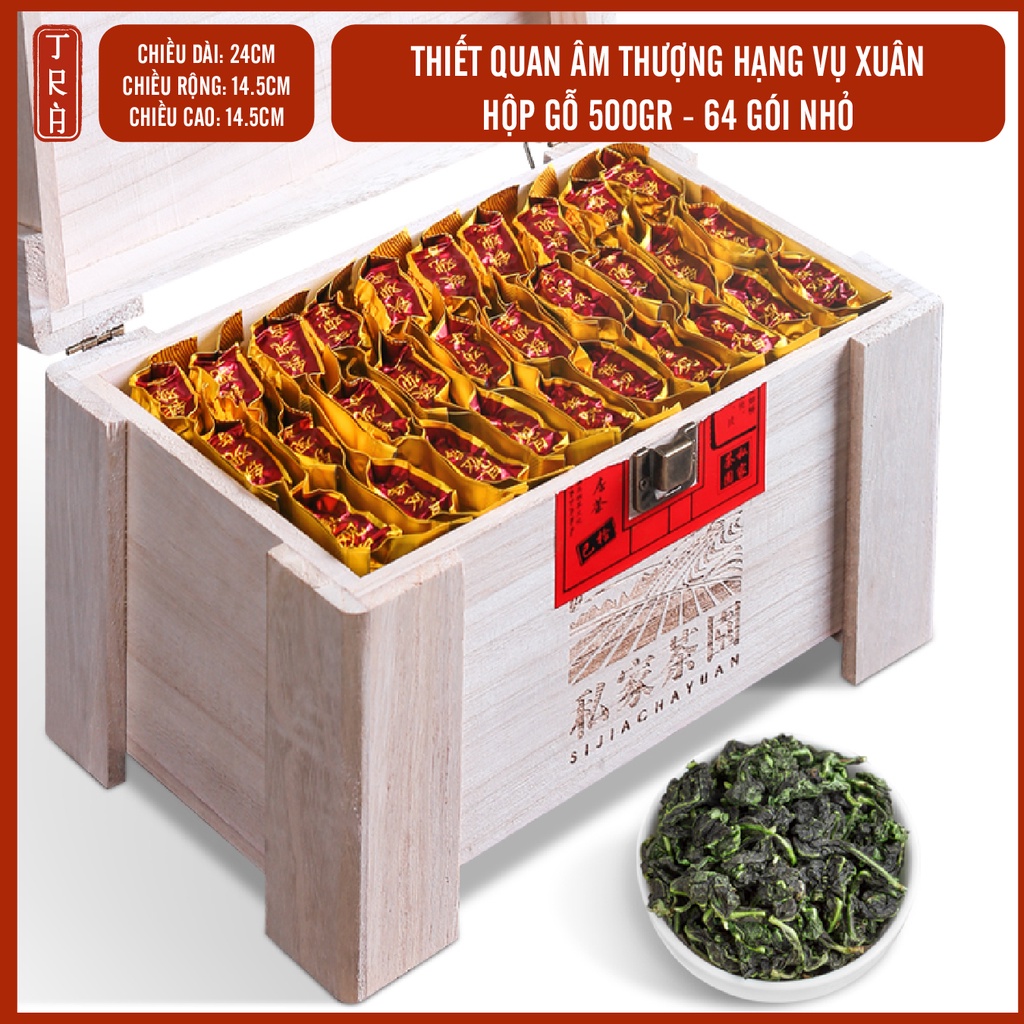Thiết quan âm thượng hạng bằng gỗ cao cấp, 500g trà thượng hạng chia 64 túi nhỏ,thích hợp làm quà lễ