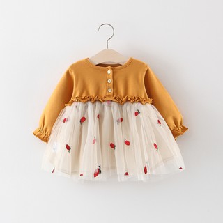 Váy bé gái dài tay thêu quả thơm vải thun cotton phong cách Hàn Quốc D602
