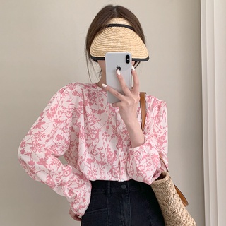 Áo nữ tay dài họa tiết hoa phong cách Hàn Quốc