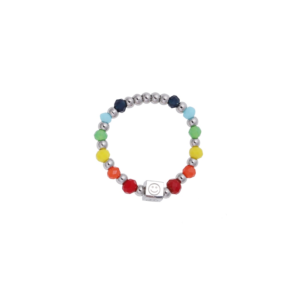 Nhẫn nữ titan kiểu xâu chuỗi bi tròn và thủy tinh màu sắc charm mặt cười trái tim xinh xắn không gỉ WE2209