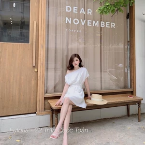 váy trắng lêch vai nơ eo