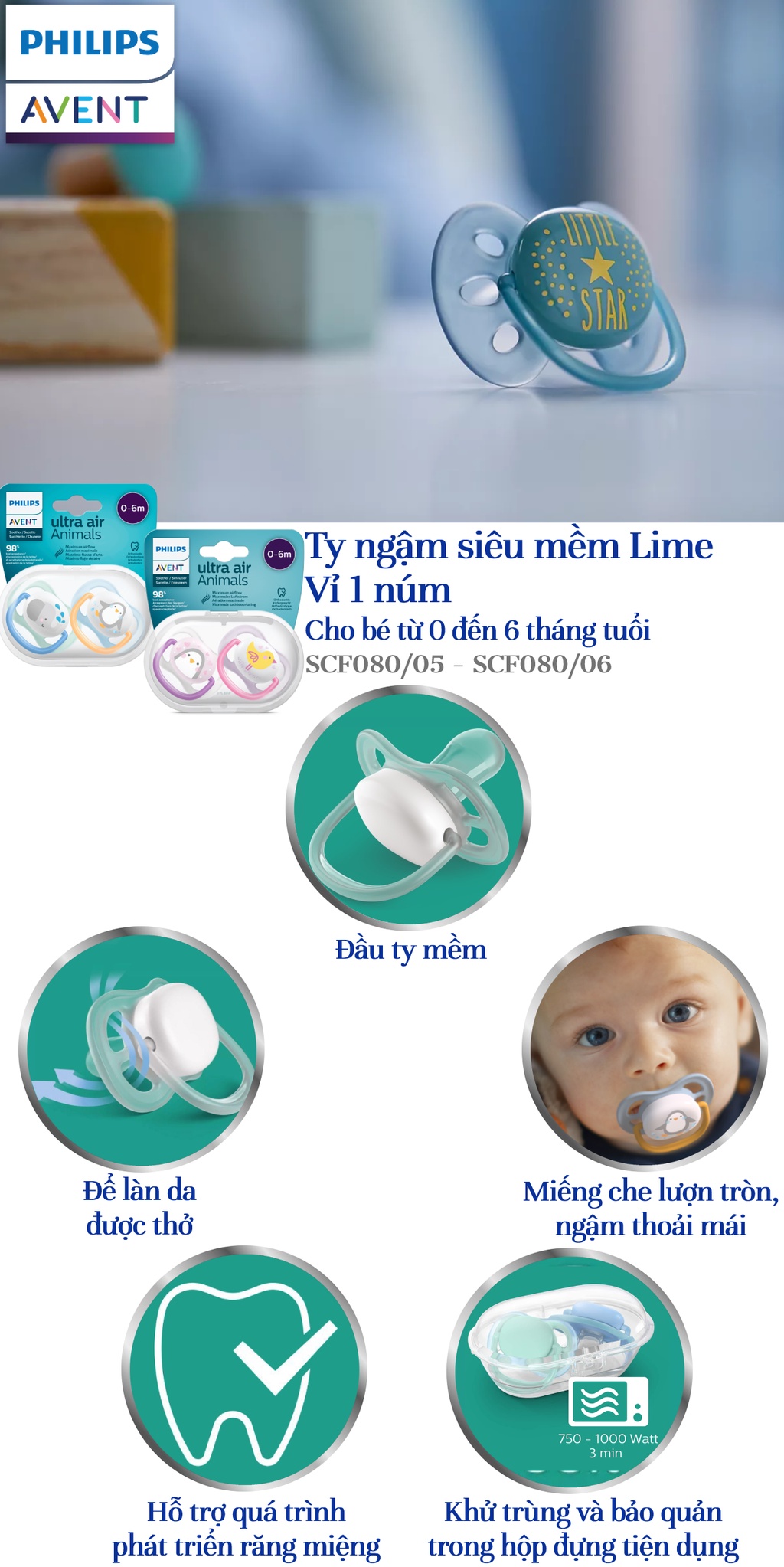 Mô tả Philips Avent núm ty ngậm thông khí 0-6 tháng, vỉ đôi SCF080/05 SCF080/06 - 1