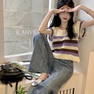 Áo Thun Dệt Kim Mỏng Tay Ngắn Họa Tiết Kẻ Sọc Thời Trang Mùa Hè Dành Cho Nữ