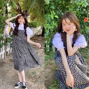 Set Yếm Hoa Nhí Mix Áo Sơmi Siêu Xinh Phong Cách Hàn Quốc Có Ảnh Thật Kèm Video