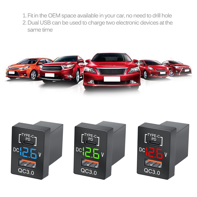 Tẩu Sạc Nhanh QC3.0 Cổng PD Type-C Có Đèn LED Kỹ Thuật Số Cho Toyota